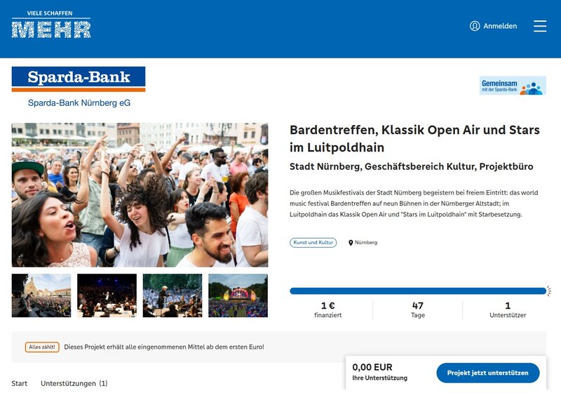Startseite der Crowdfunding-Plattform "Viele schaffen Mehr"