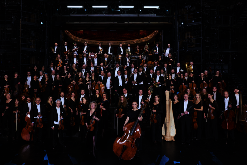 Das Orchester steht gestaffelt in mehreren Reihen mit ihren Instrumenten und schaut in die Kamera.